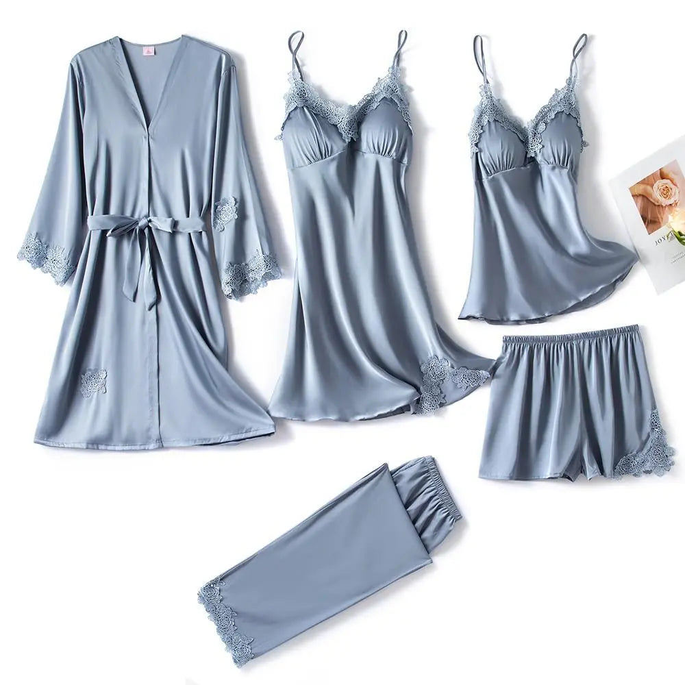 5PC Silk Robe Sleep Suit Womens Lace Satin Pajamas Gown Set V-Neck Cami Nighties Wear Pijama Home Nightwear Spring Nightdress - Bonnie Lassio