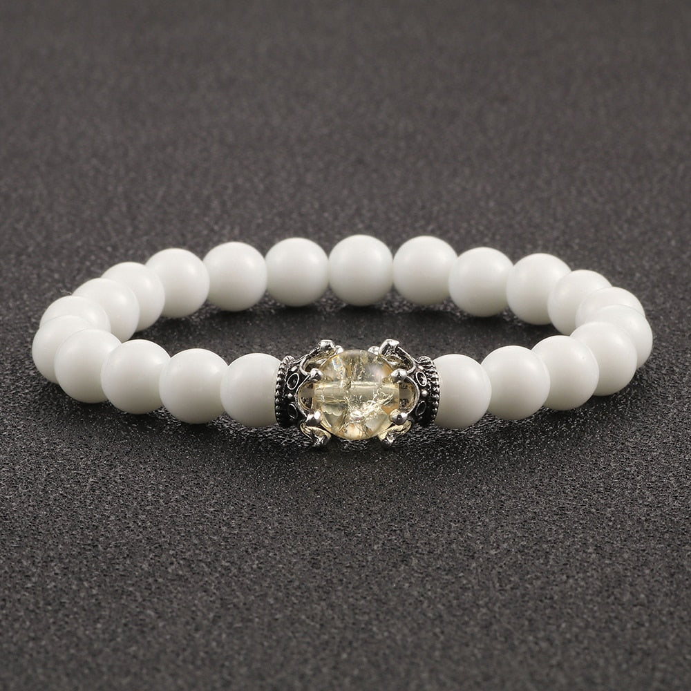 White Natural Stone Crown Beads Bracelets Men Women Yoga Meditation Buddha Stretch Braclet Vintage Charm Jewelry Pulseira Homme - Bonnie Lassio