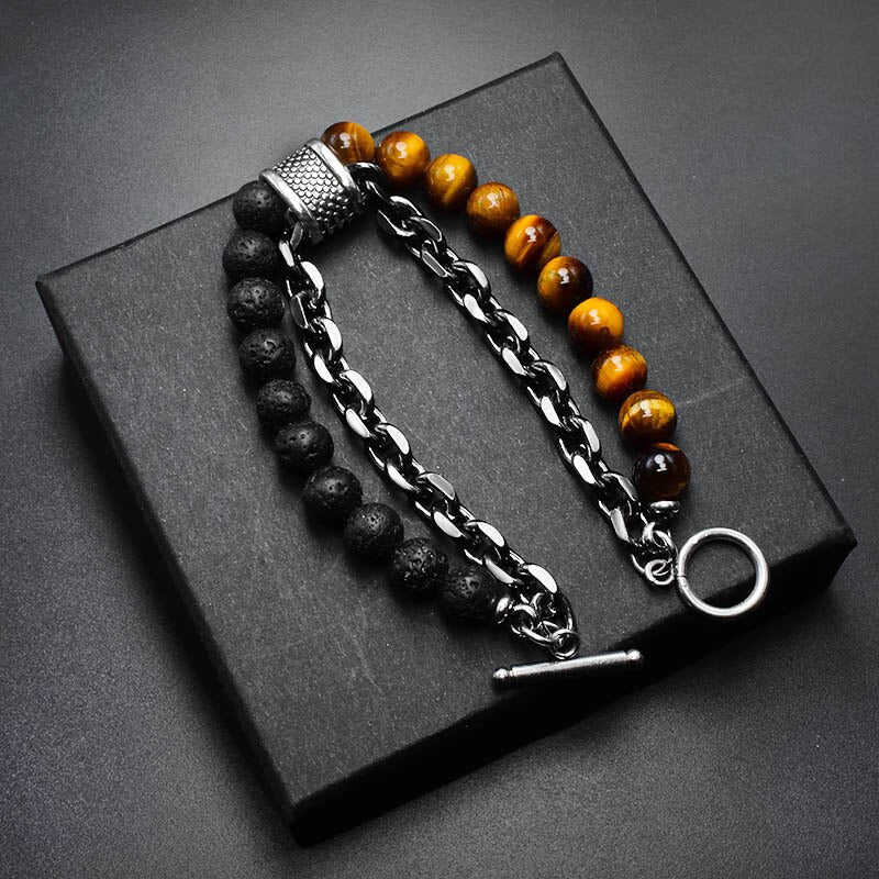 Natural Stone Layered Gun Black Color Alloy Chain Bracelet Homme Lava Stone Eye Tiger Bead Meditation OT Buckle Gifts for Men - Bonnie Lassio