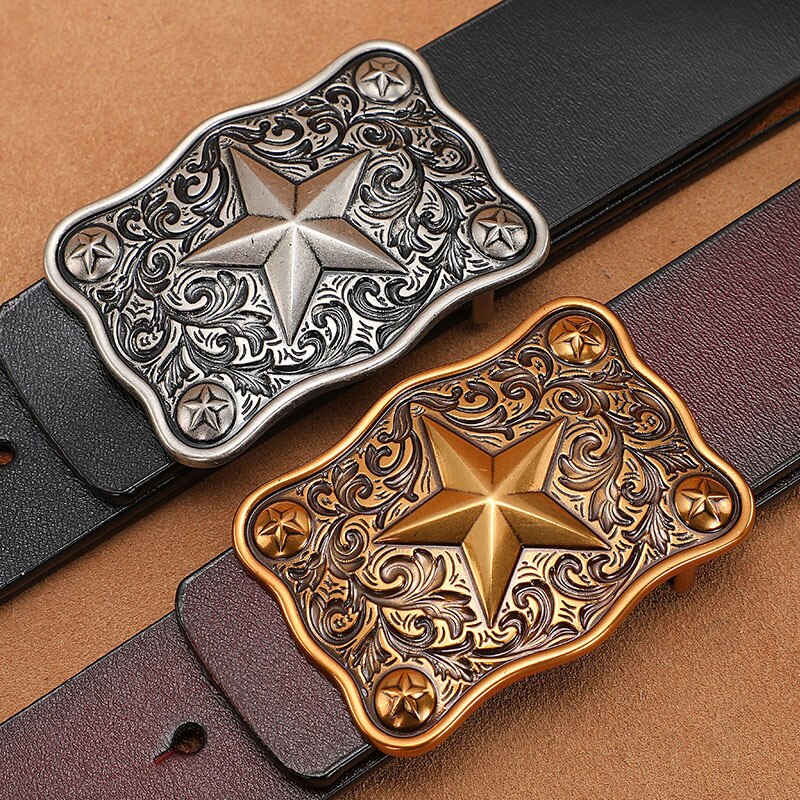 Large Plus Size 130 140 150cm Men Leather Belt for Men Gold Silver Star Buckle - Bonnie Lassio