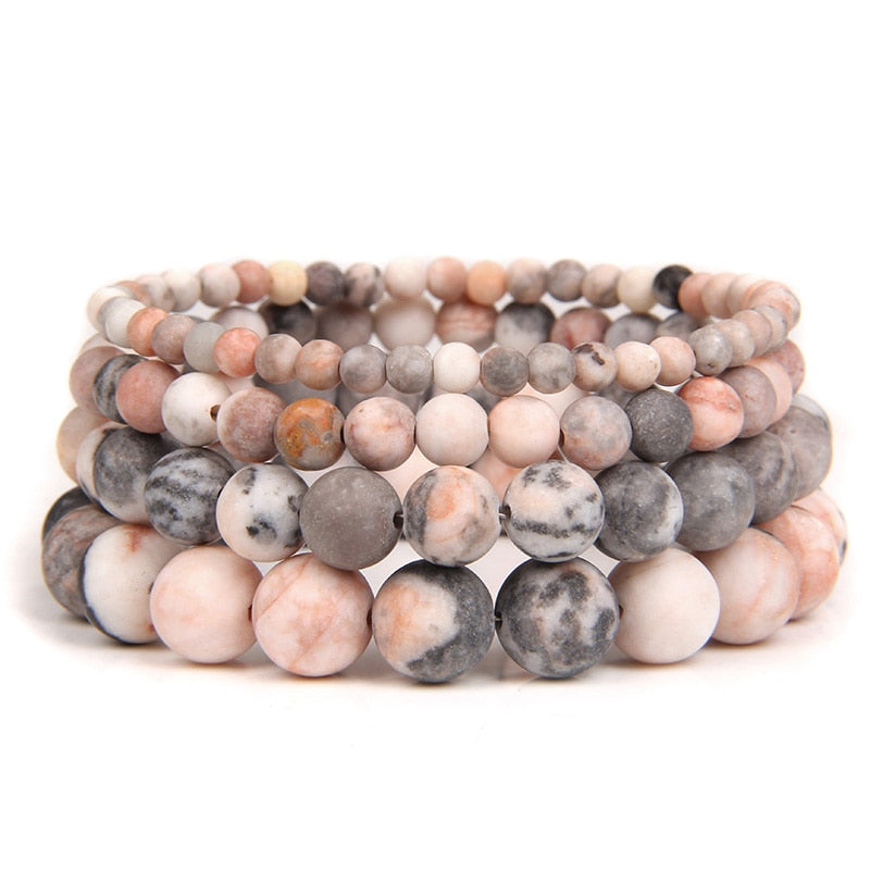 Natural Frosted Pink Zebra Mineral Stone Bracelets Handmade Matte Stone Bead Bracelet Women Men Yoga Meditation Jewelry Gift 1pc - Bonnie Lassio