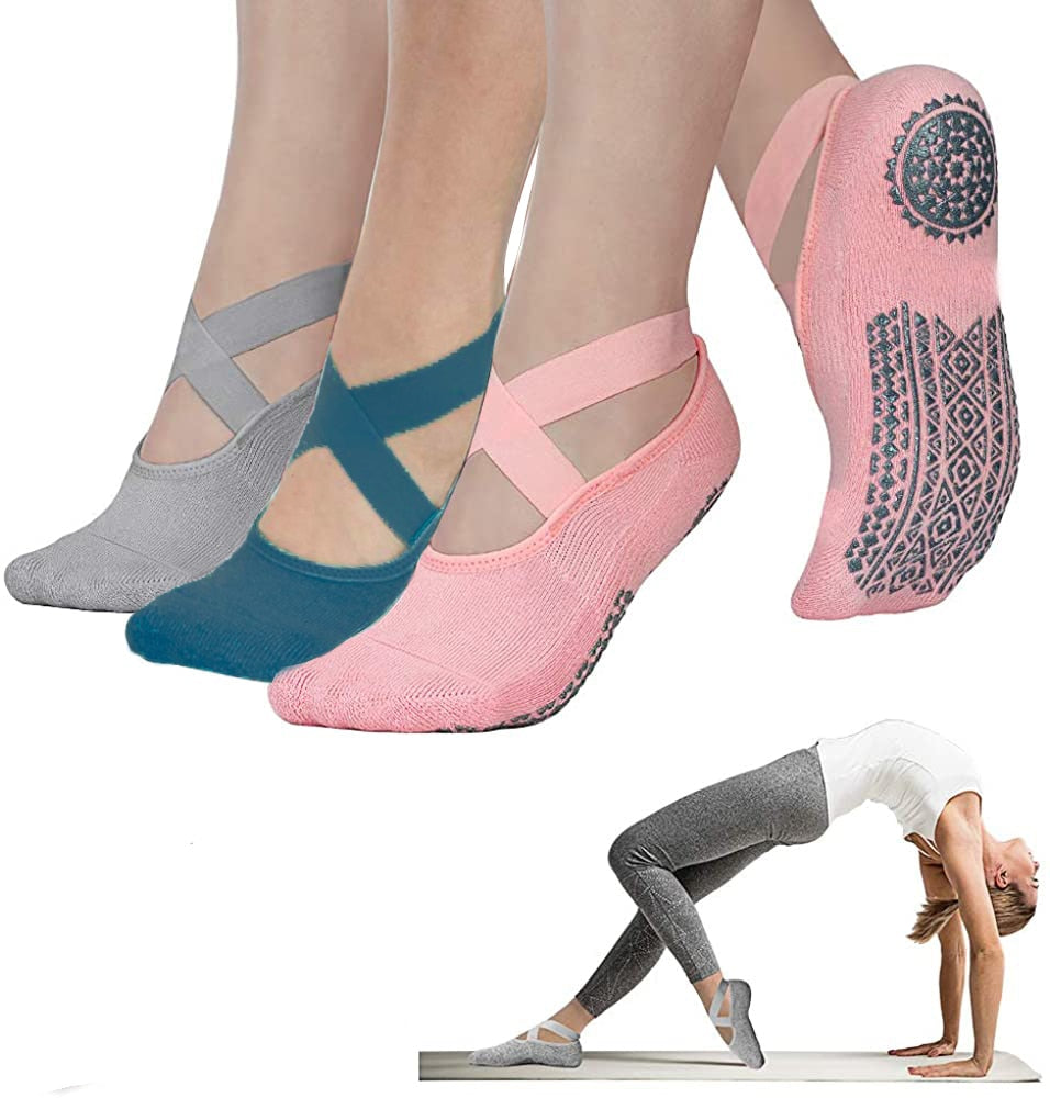 Yoga Socks for Women Non-Slip Grips & Straps, Bandage Cotton Sock, Ideal for Pilates Pure Barre Ballet Dance Barefoot Workout - Bonnie Lassio