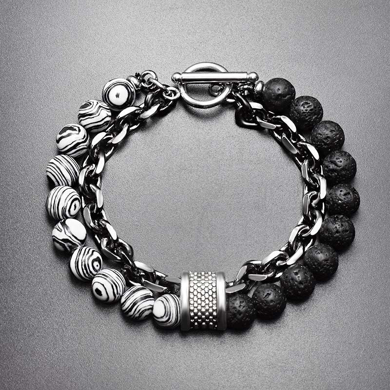 Natural Stone Layered Gun Black Color Alloy Chain Bracelet Homme Lava Stone Eye Tiger Bead Meditation OT Buckle Gifts for Men - Bonnie Lassio