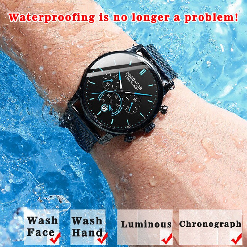 Poedagar Ultra Thin Mesh Belt Mens Watches Sports Chronograph Waterproof Luminous Watch for Men Top Luxury Quartz Wristwatch - Bonnie Lassio