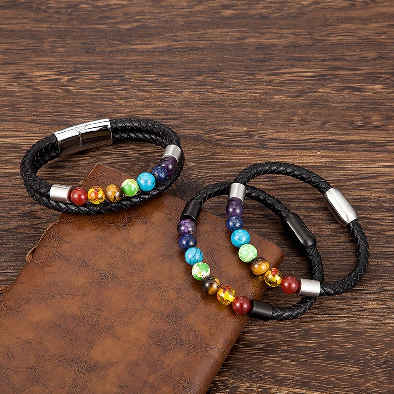 7 Chakra Bracelet Genuine Leather Crystal Healing Jewelry - Bonnie Lassio