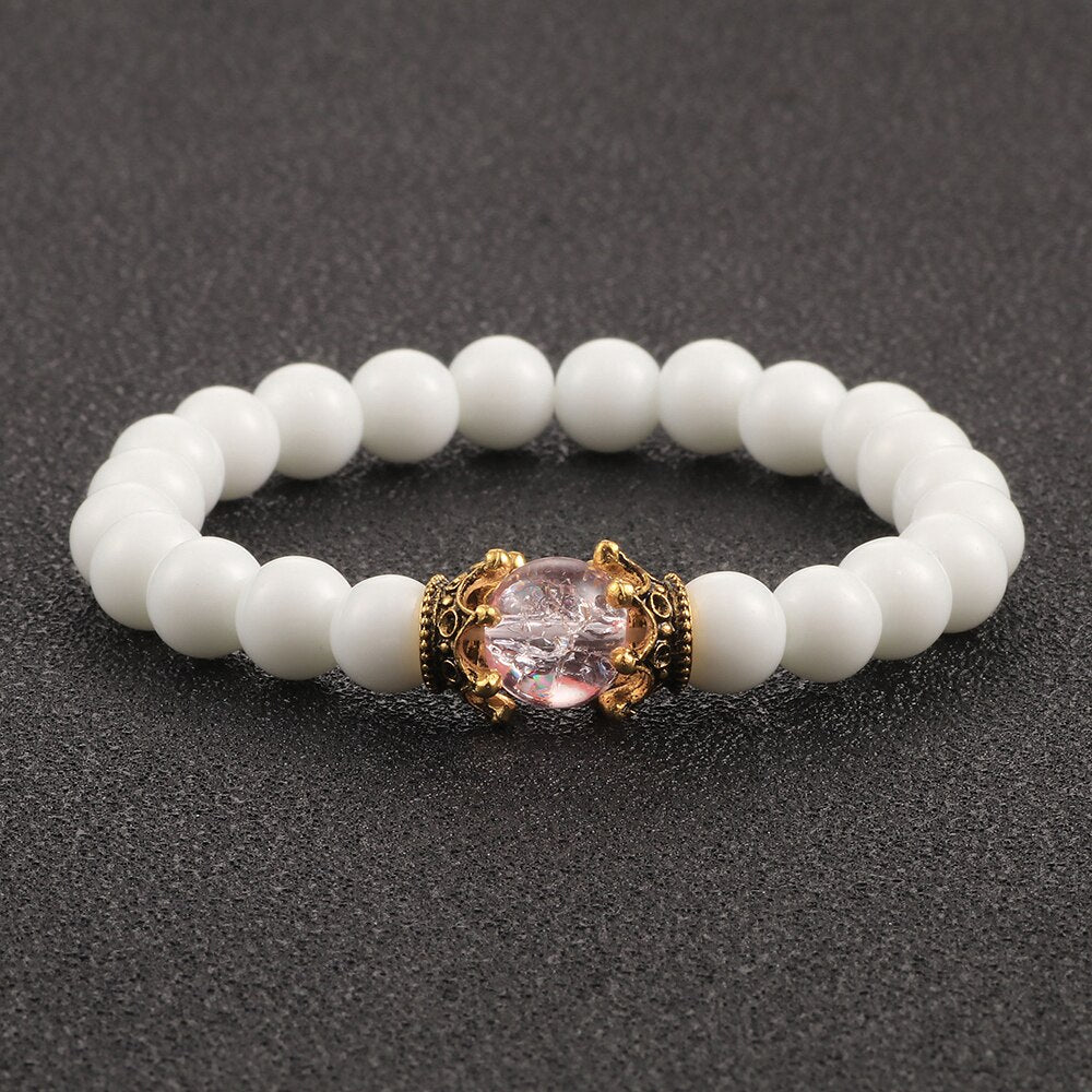 White Natural Stone Crown Beads Bracelets Men Women Yoga Meditation Buddha Stretch Braclet Vintage Charm Jewelry Pulseira Homme - Bonnie Lassio