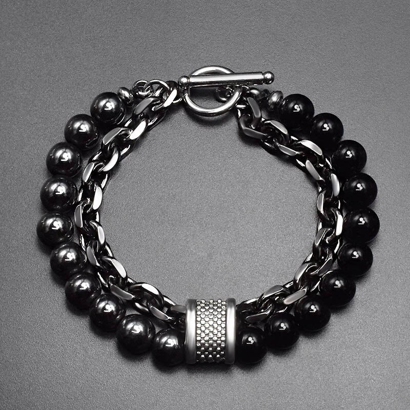 Natural Stone Layered Gun Black Color Alloy Chain Bracelet Homme Lava Stone Eye Tiger Bead Meditation OT Buckle Gifts for Men - Bonnie Lassio