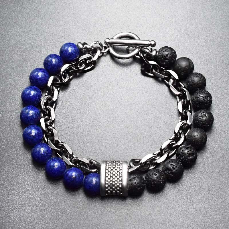 Natural Stone Layered Gun Black Color Alloy Chain Bracelet Homme Lava Stone Eye Tiger Bead Meditation OT Buckle Gifts for Men - Bonnie Lassio