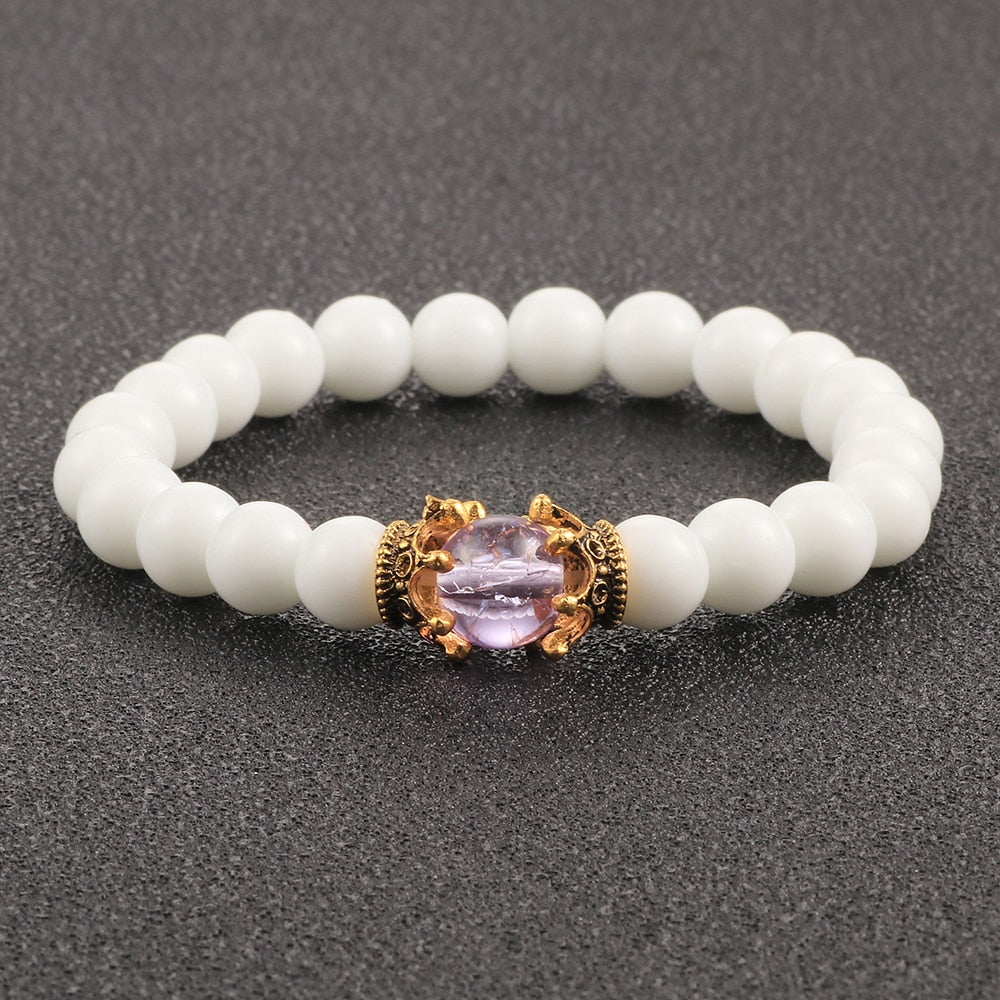 White Natural Stone Crown Beads Bracelets Men Women Yoga Meditation Buddha Stretch Braclet Vintage Charm Jewelry Pulseira Homme - Bonnie Lassio