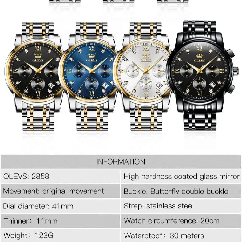 2858 Watches for Men Top Brand Luxury Chronograph Luminous Quartz Watch Business Waterproof Stainless Steel Wristwatch Man