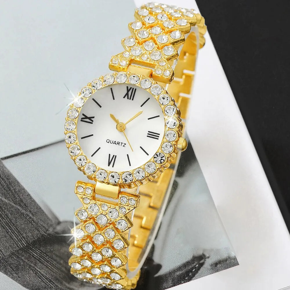 6pcs Dainty Rhinestone Quartz Watch With Jewelry Set Fashion Round Women Watch Multilayer Gold Bracelet Set - Bonnie Lassio