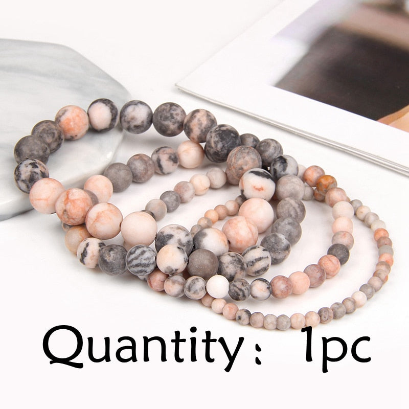 Natural Frosted Pink Zebra Mineral Stone Bracelets Handmade Matte Stone Bead Bracelet Women Men Yoga Meditation Jewelry Gift 1pc - Bonnie Lassio