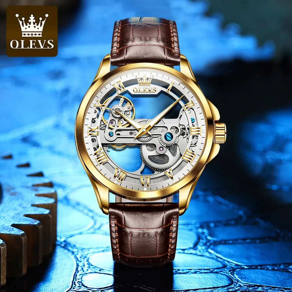 OLEVS Luxury Men Watches Automatic Mechanical Wristwatch Skeleton Design Waterproof Leather Strap - Bonnie Lassio