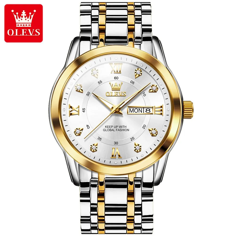 OLEVS Quartz Watch for Men Luxury Diamonds Gold Watch Waterproof Luminous Stainless Steel - Bonnie Lassio