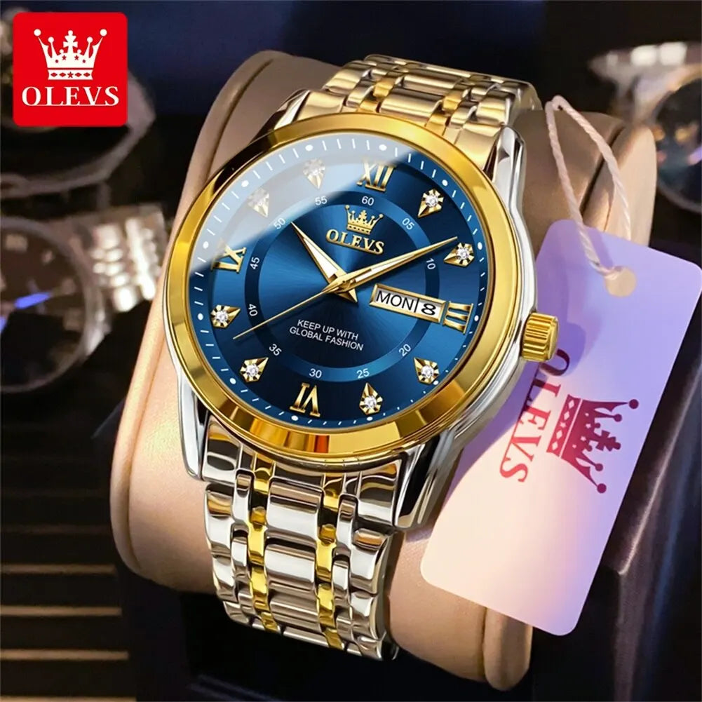 OLEVS Quartz Watch for Men Luxury Diamonds Gold Watch Waterproof Luminous Stainless Steel - Bonnie Lassio