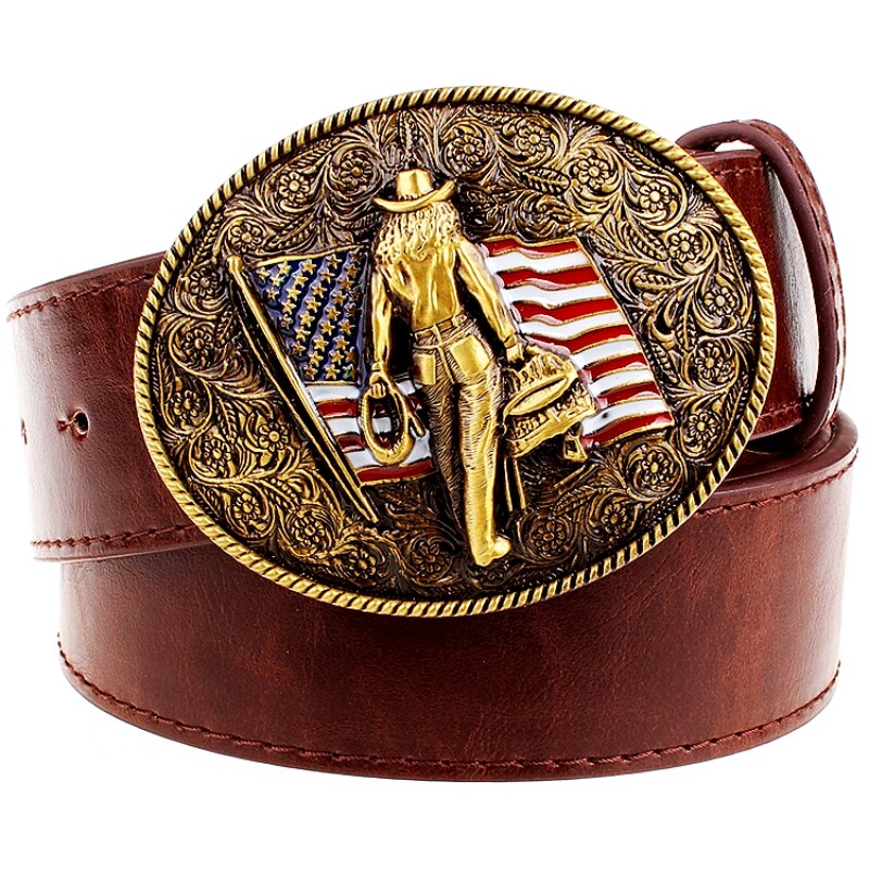 American Flag Wild Western Cowboy Belt Pu Leather Metal Copper Buckle - Bonnie Lassio