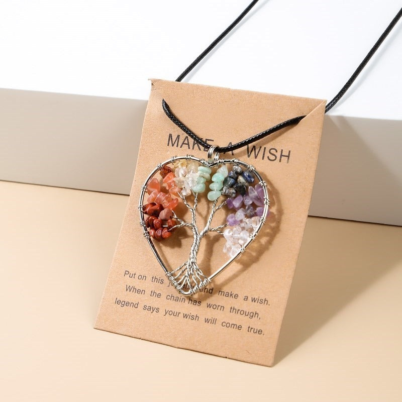 Change Better 7 Chakras Tree Of Life Pendant Necklace Gold Color Natural Crystal Chip - Bonnie Lassio