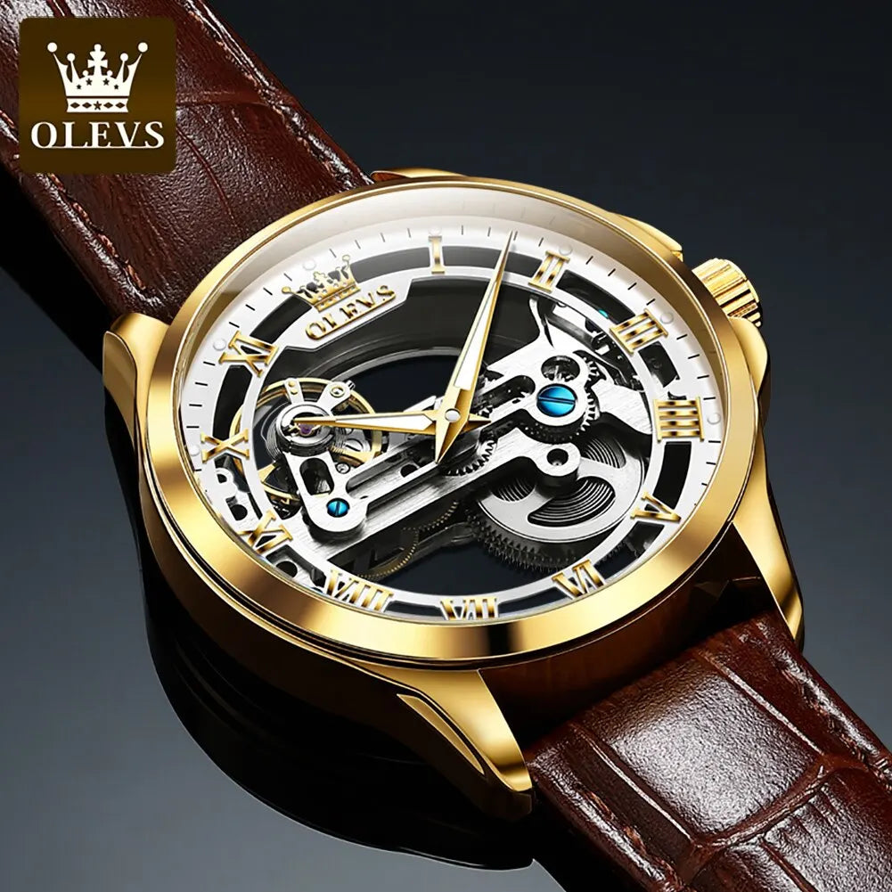 OLEVS Luxury Men Watches Automatic Mechanical Wristwatch Skeleton Design Waterproof Leather Strap - Bonnie Lassio