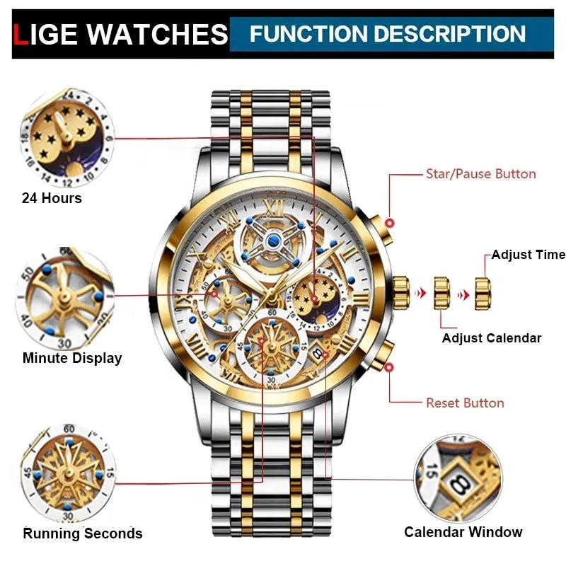 Mens Watch Chronograph Wristwatch Quartz By Lige - Bonnie Lassio