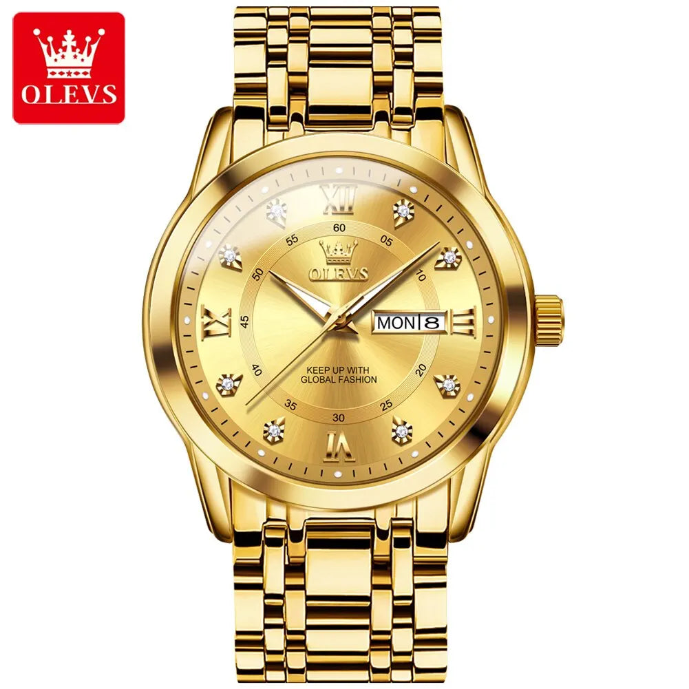 OLEVS Quartz Watch for Men Luxury Diamonds Gold Watch Waterproof Luminous Stainless Steel - Bonnie Lassio