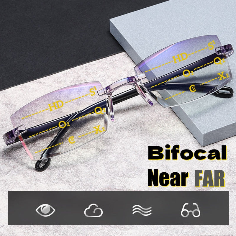 2PCS Rimless Bifocal Progressive Reading Glasses Men Women Near and Far Anti-blue Light Eyesglasses Rectangular Glasses Eyewear - Bonnie Lassio