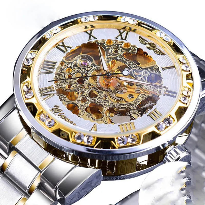 Mens Mechanical Skeleton Wrist Watch Faux Diamond Gear Movement - Bonnie Lassio