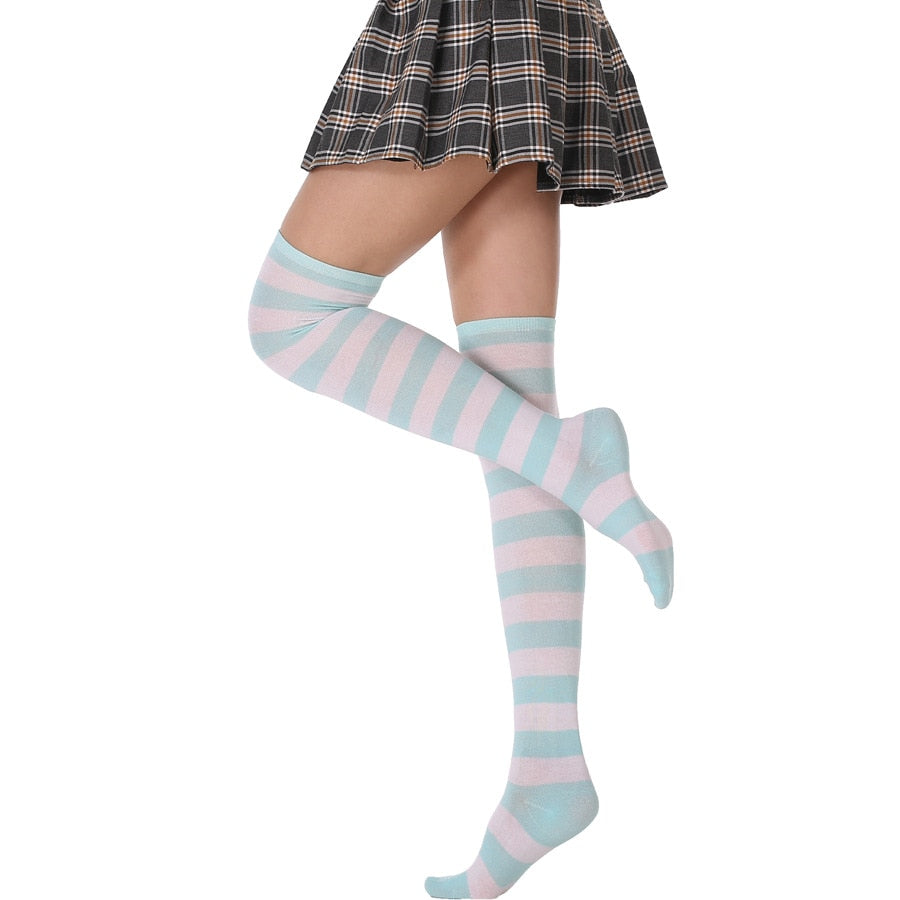 Long Tube Ladies Japanese Blue and White Striped Over-knee Socks Thigh High - Bonnie Lassio