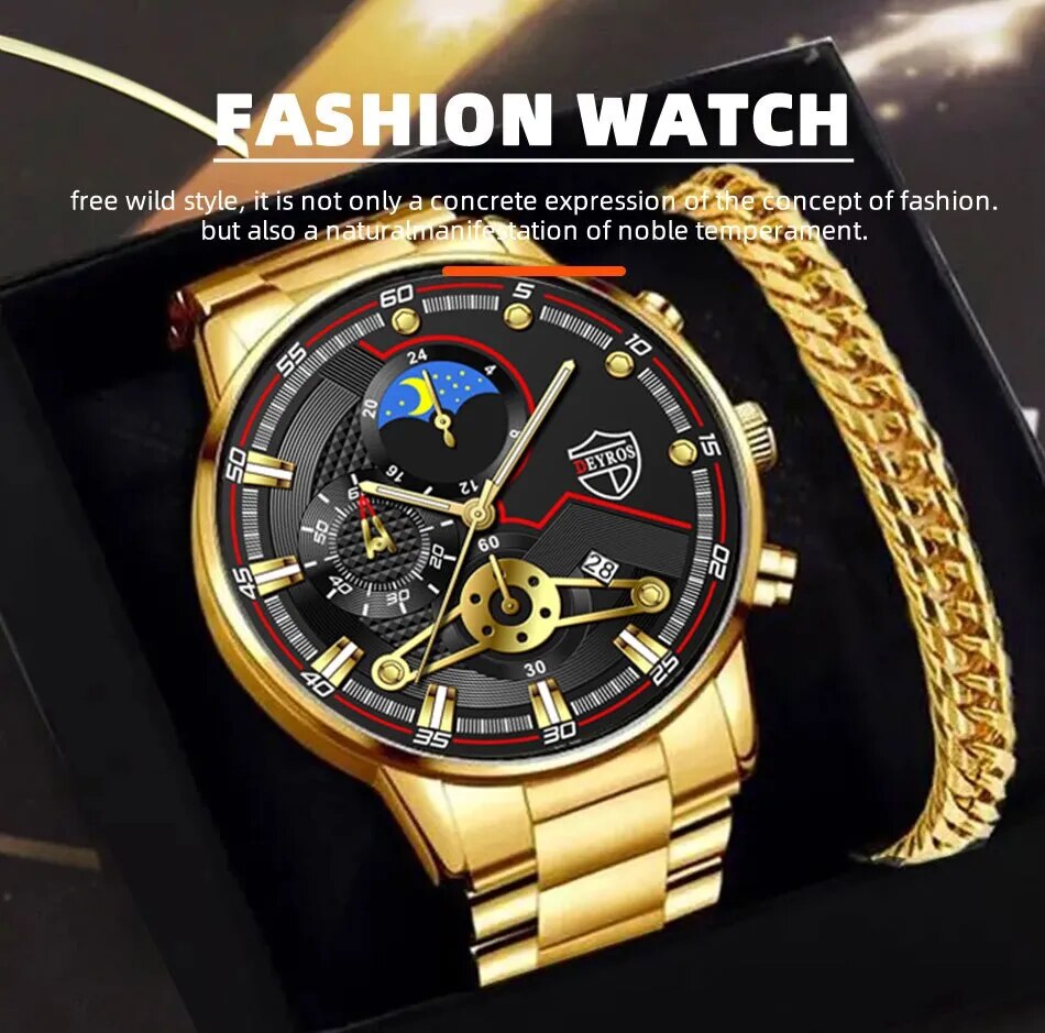 Watch & Chain Bracelet Gift Set For Men Gold And Black Gents Analogue Watches UK - Bonnie Lassio