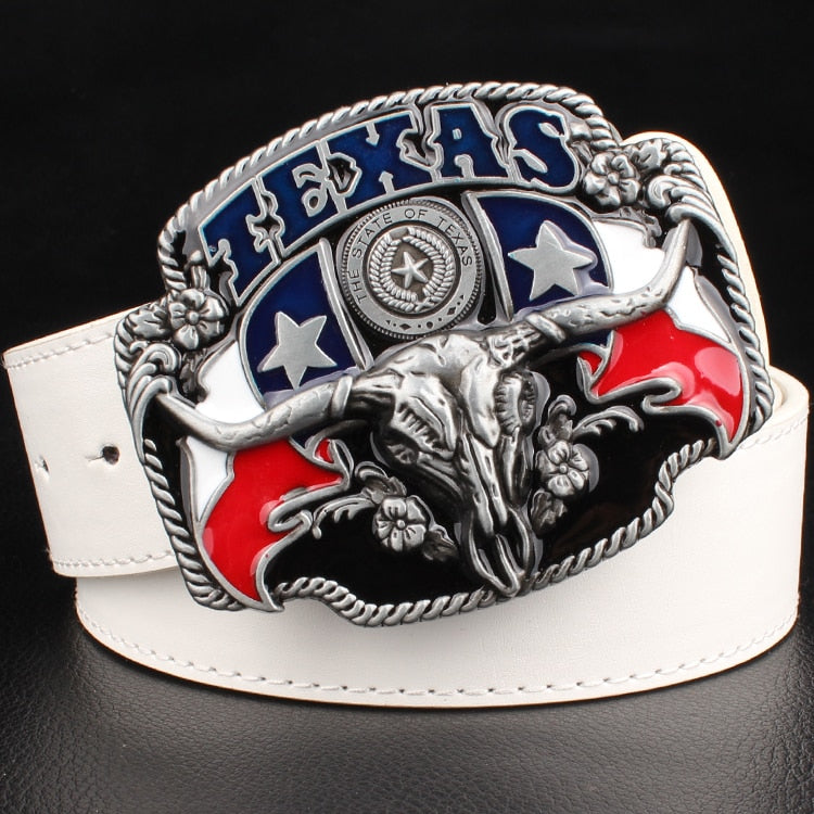 Wild West TEXAS Cowboy Belt Bull Skull Head Metal Buckle American Texan Pride Fashion Waistband For Men - Bonnie Lassio