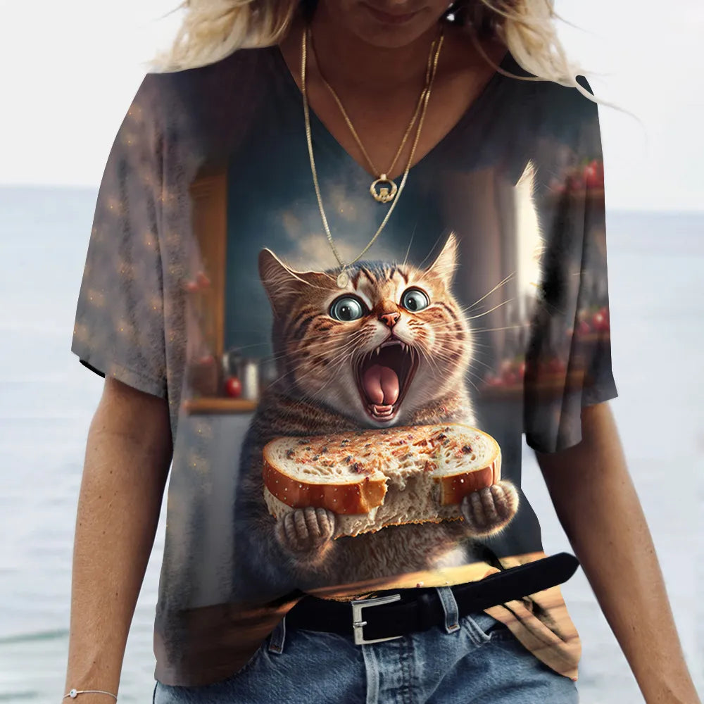 Fashion Women's T-shirt Cat Printed Short Sleeve Female Harajuku Tees Ladies T Shirt Oversized V-neck Tops Animal Women Clothing - Bonnie Lassio