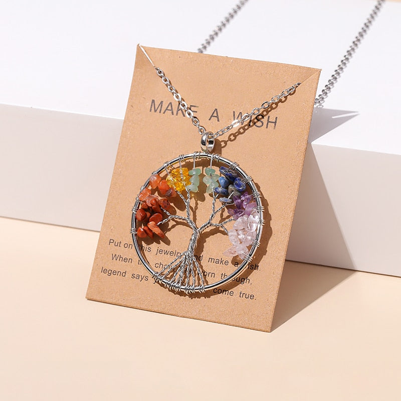 Change Better 7 Chakras Tree Of Life Pendant Necklace Gold Color Natural Crystal Chip - Bonnie Lassio