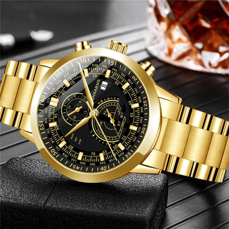 Watch Gift Set for Men Gold & Black with Gold Bracelet Watches High Quality UK - Bonnie Lassio