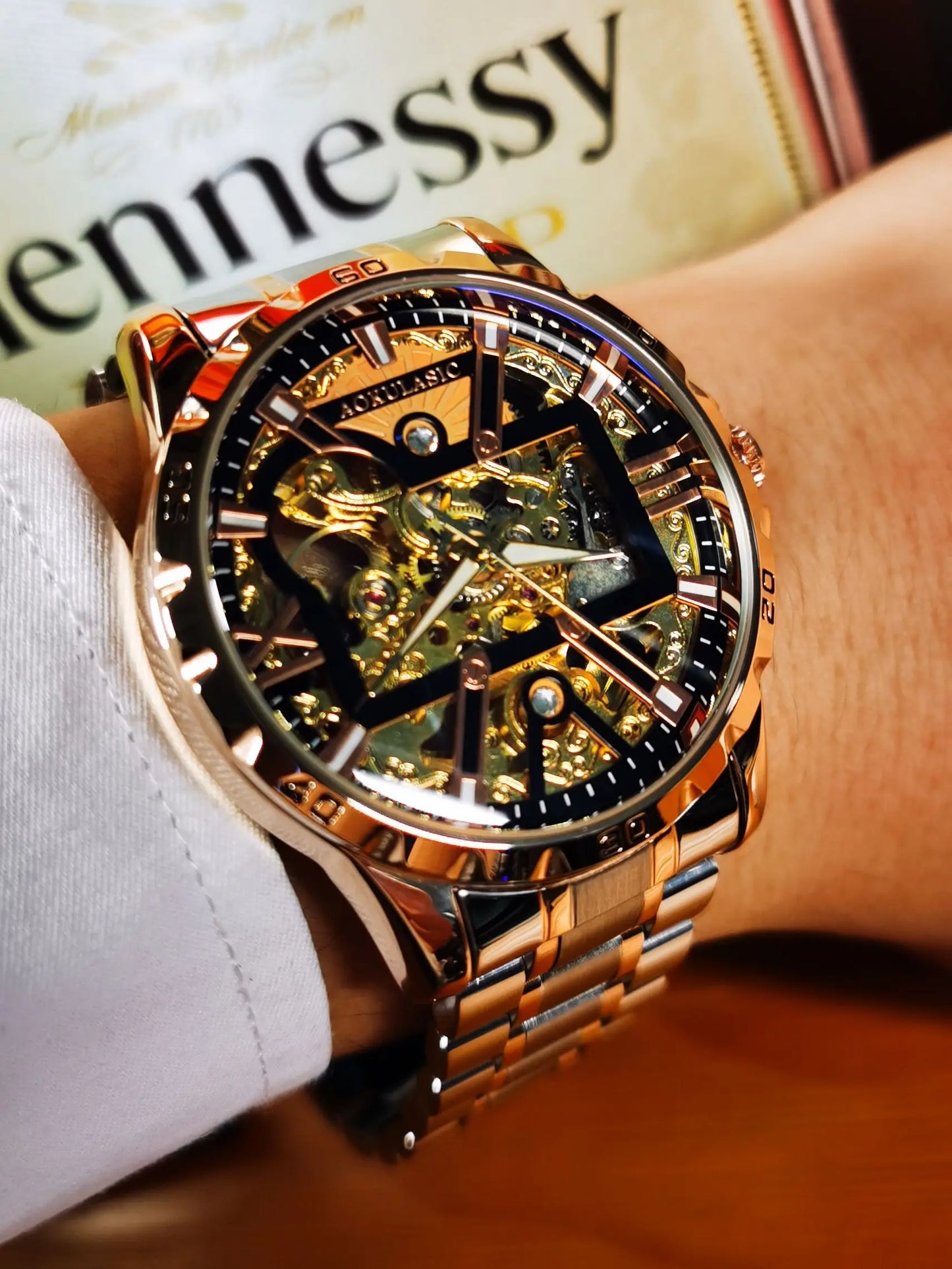 Luxury Mechanical Watch Iced Out Gold Skeleton Automatic Wristwatch for Men Stainless Steel Strap Luminous Fashion Accessory