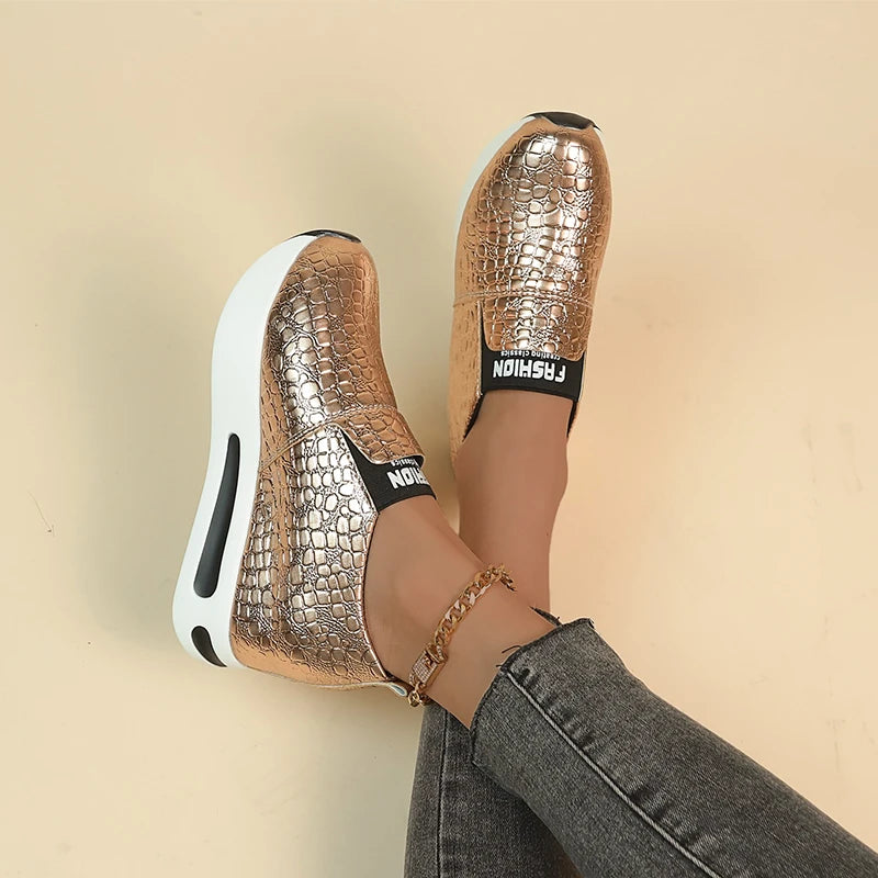 Womens Patent Slip-On Shoes Silver Gold Thick Platform Fashion Loafer 2024 Stock