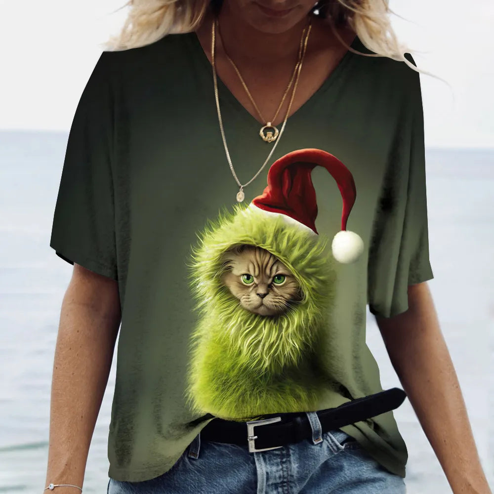 Fashion Women's T-shirt Cat Printed Short Sleeve Female Harajuku Tees Ladies T Shirt Oversized V-neck Tops Animal Women Clothing - Bonnie Lassio