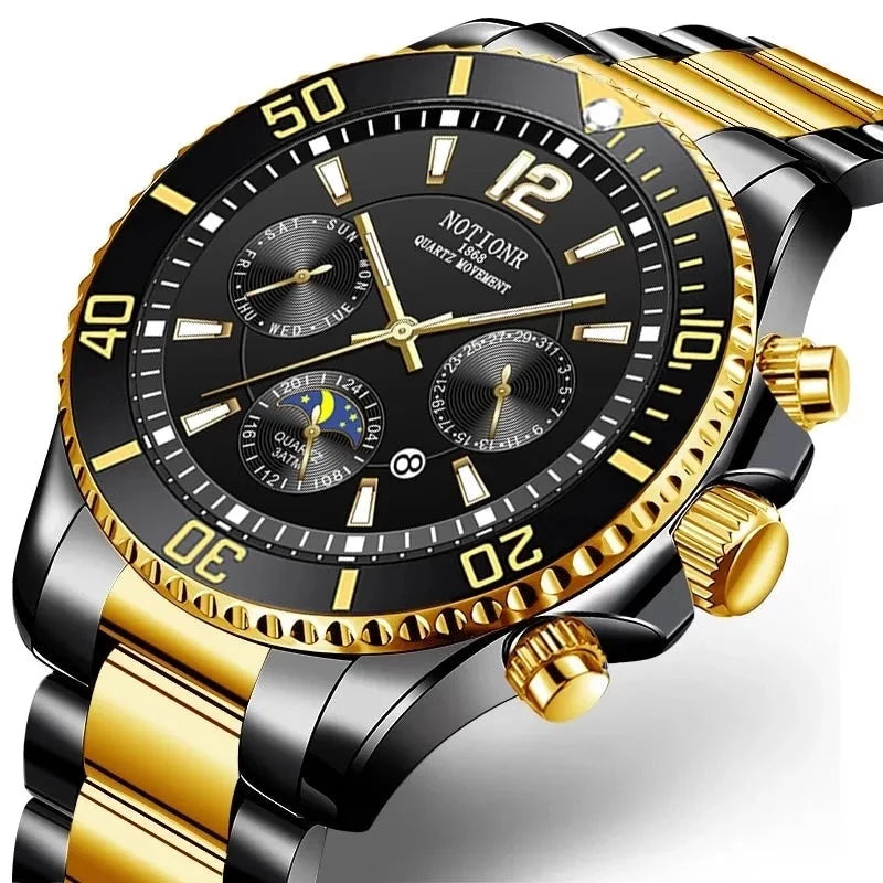 Men's Luxury Business Watch With Stainless Steel Strap Black & Gold Quartz UK - Bonnie Lassio