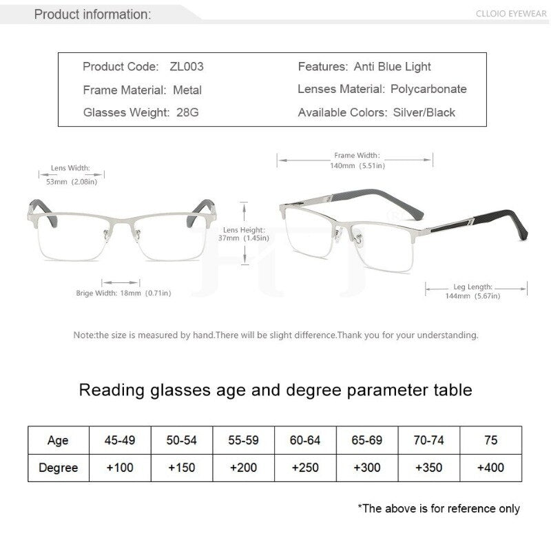 MDOD Men's Reading Glasses +0.5 To +4.0 Business Reading Lens Metal Frame Optical Anti Blue Light Presbyopia Glasses with Class - Bonnie Lassio