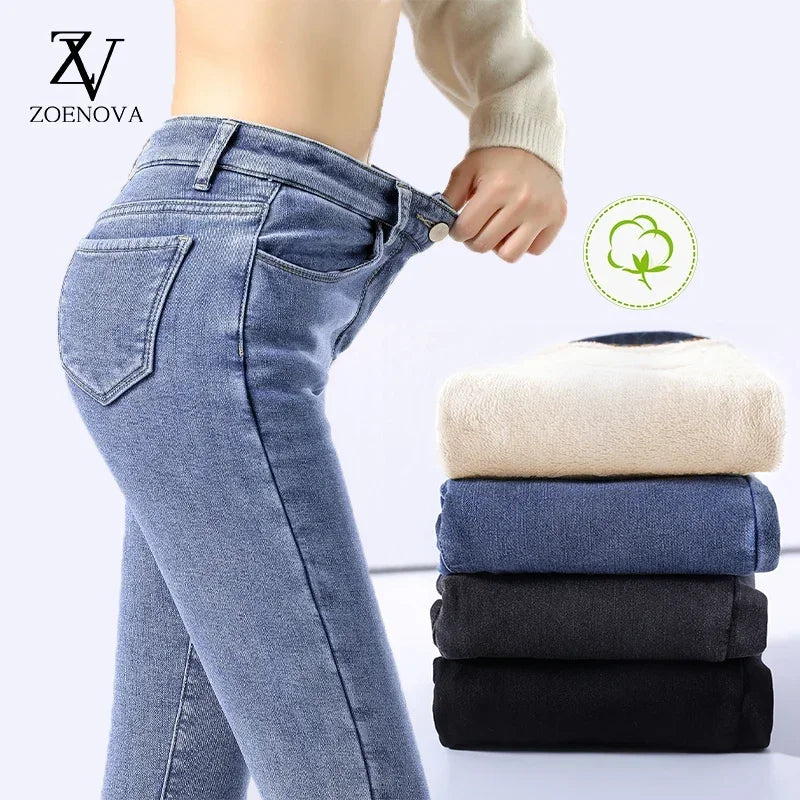 ZOENOVA Winter Thick Velvet Women High Waist Skinny Jeans Simple Fleece Warm Slim Fit Stretch Ladies Casual Denim Pencil Pants - Bonnie Lassio