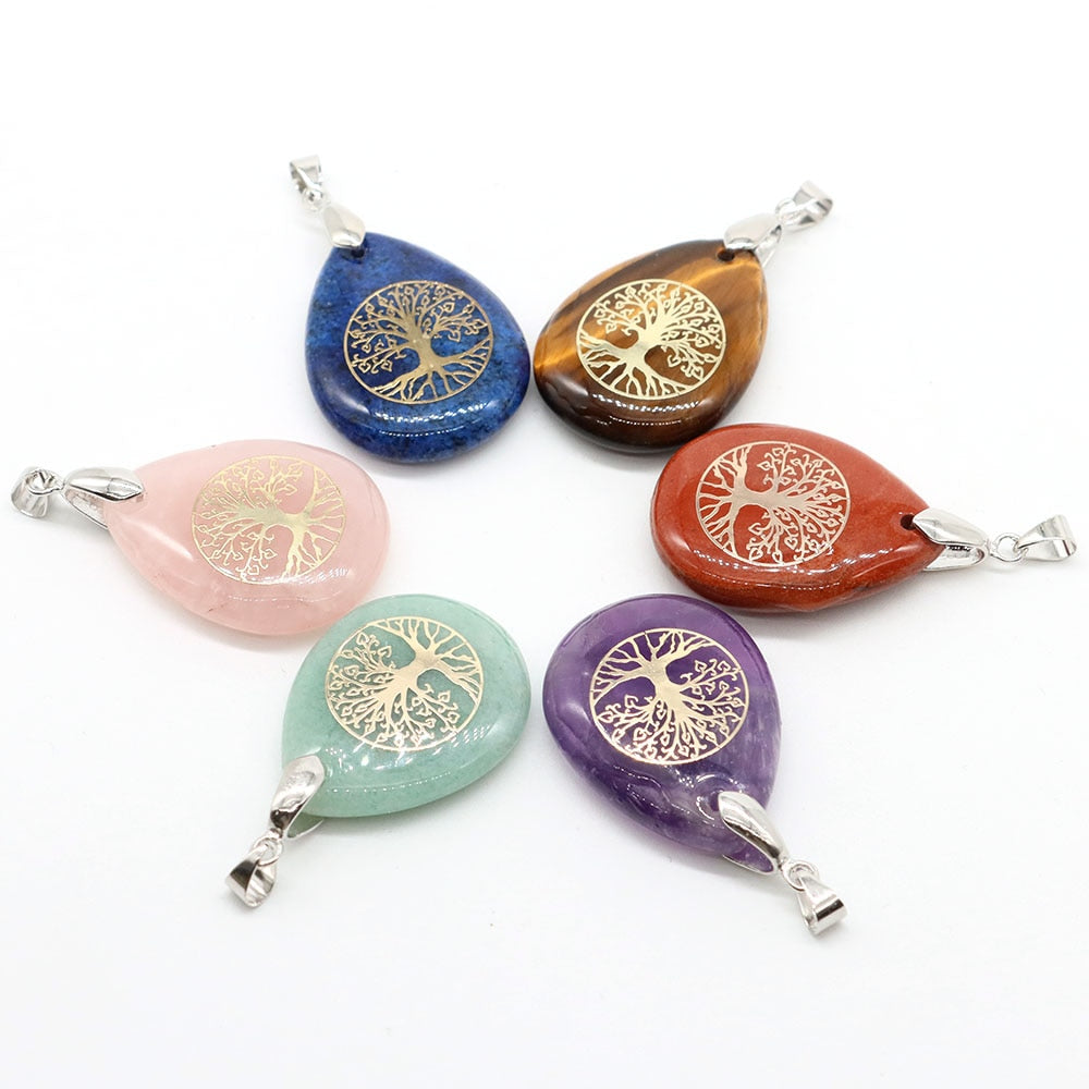 7 Chakra Stone Tree of Life Pendant Natural Water Drop Necklaces Rose Crystal Pink Quartz Amethyst Lapis Lazuli Tiger Eye Gifts - Bonnie Lassio