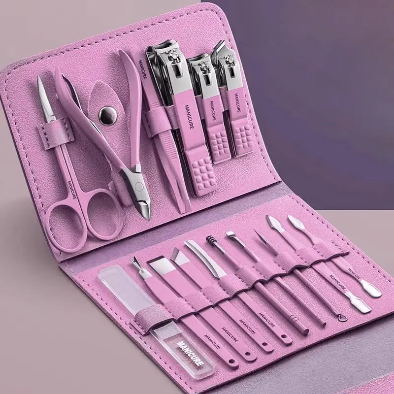 16pcs/set Nail Cutter Set Stainless Steel Nail Clippers Set With Folding Bag Manicure Cutter Kits Scissors Makeup Beauty Tool