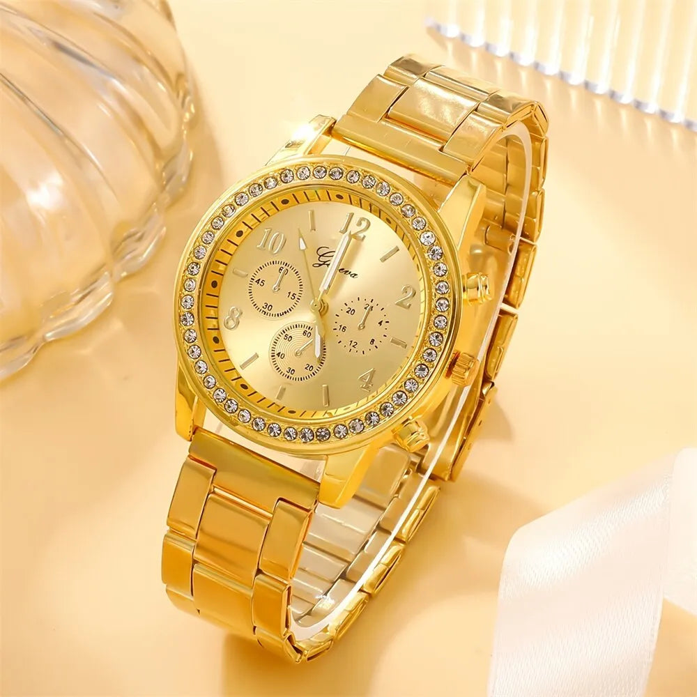 6PCS Set Luxury Watch Girls Ring Necklace Earring Rhinestone Fashion Wristwatch Casual Bracelet Set - Bonnie Lassio