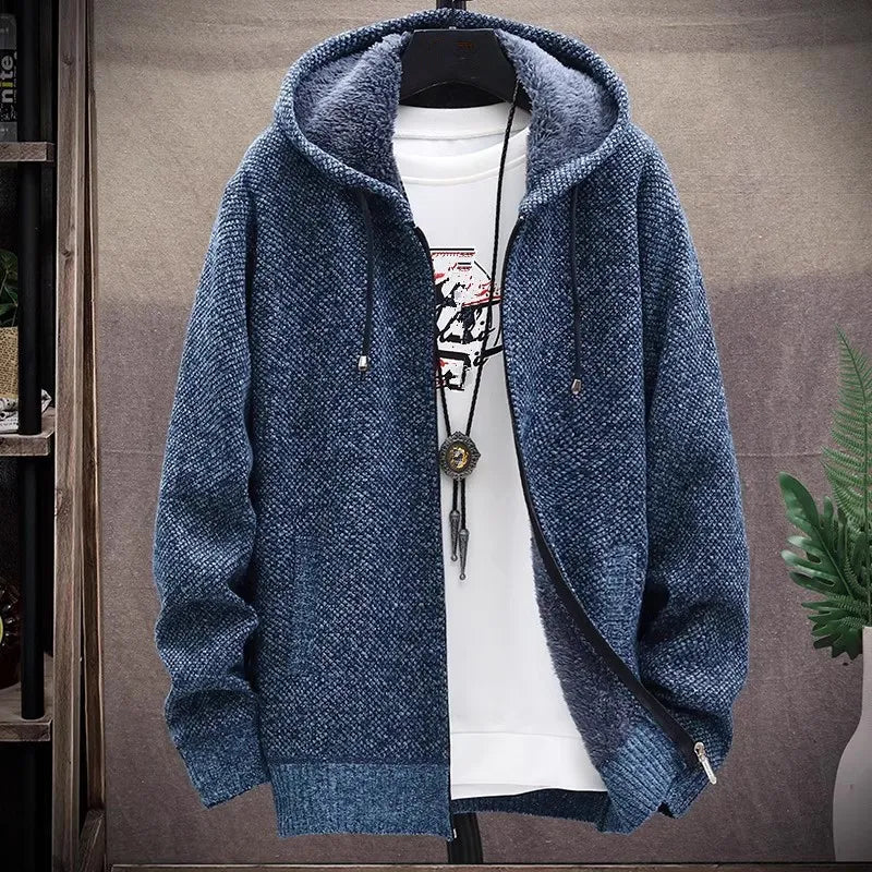 Mens Hooded Cardigan Knitted Sweater Winter Thick Fleece Casual Knitwear Coat Hooded - Bonnie Lassio