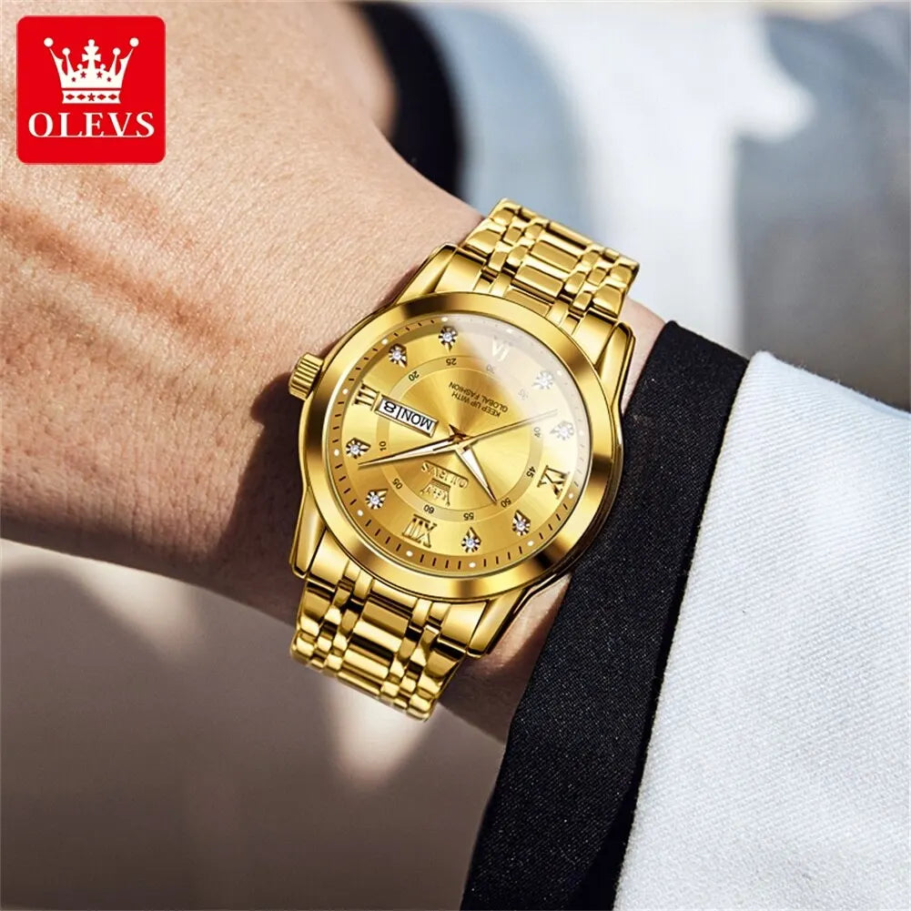 OLEVS Quartz Watch for Men Luxury Diamonds Gold Watch Waterproof Luminous Stainless Steel - Bonnie Lassio