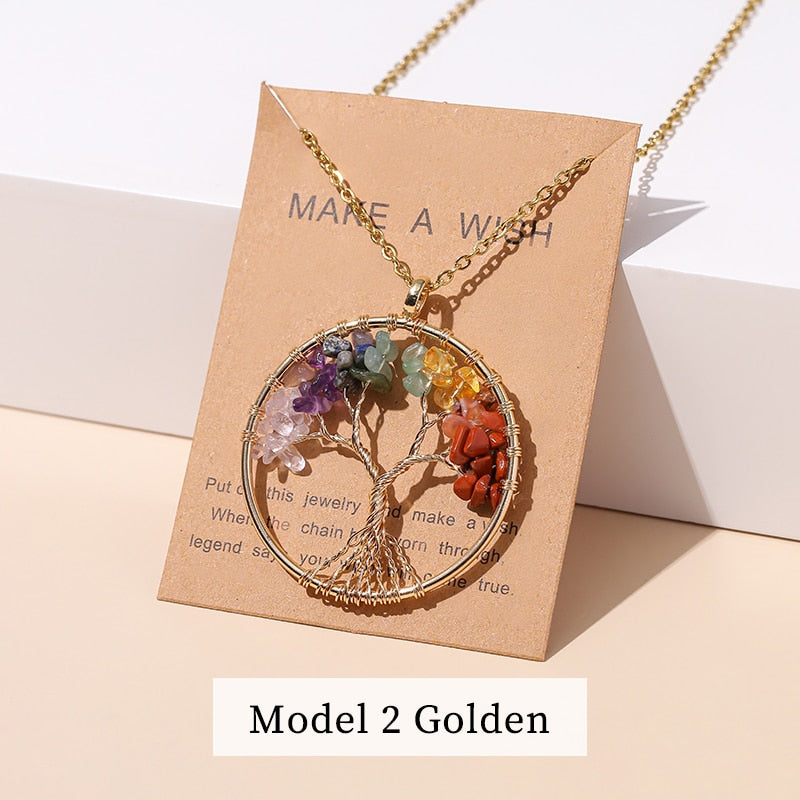 Change Better 7 Chakras Tree Of Life Pendant Necklace Gold Color Natural Crystal Chip - Bonnie Lassio