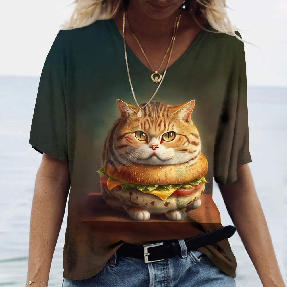 Fashion Women's T-shirt Cat Printed Short Sleeve Female Harajuku Tees Ladies T Shirt Oversized V-neck Tops Animal Women Clothing - Bonnie Lassio