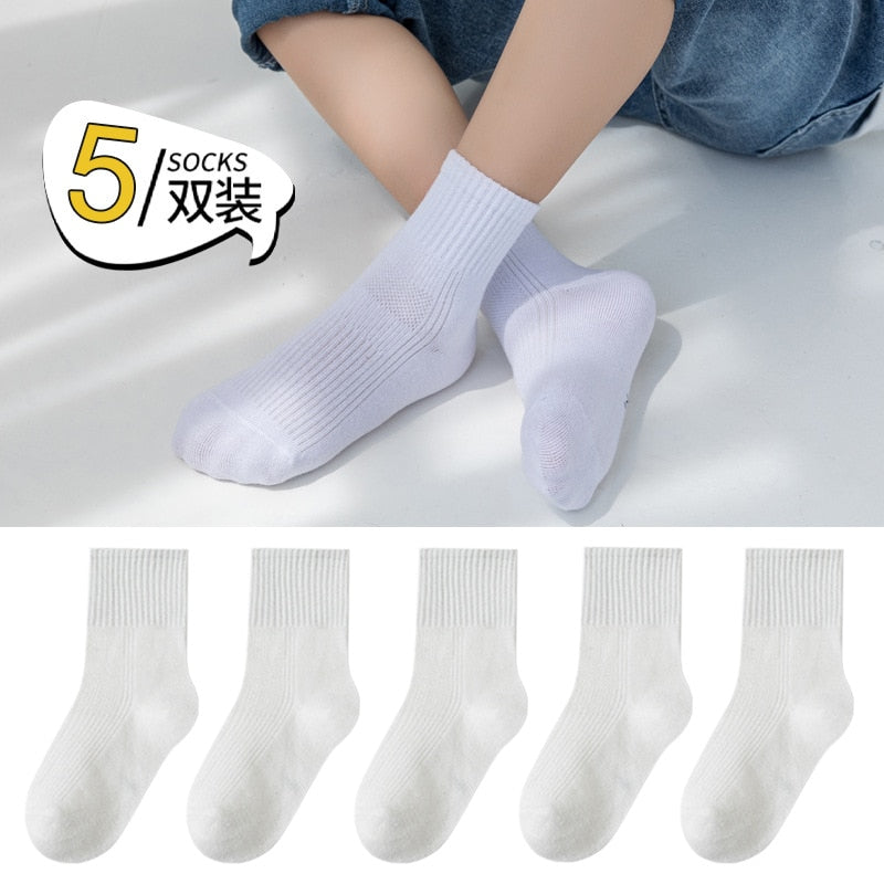 5 Pairs Pure Cotton Children Boy Socks Black White Grey Solid Color Unisex Breathable Sports School Socks Baby Girl Calf Socks - Bonnie Lassio