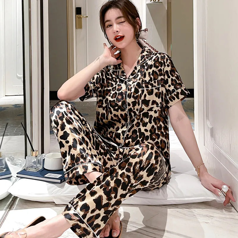 Leopard Causal Slik Pajamas Set for Women Spring Summer Short Sleeve Nightwear Stain Home Clothes Sleepwear Ladies Trouser Suits - Bonnie Lassio
