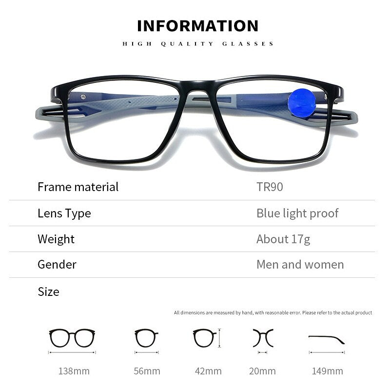 Reading Glasses Men Fashion Blue Light Blocking Prescription Glasses TR90 Ultralight Outdoor Sport Presbyopic Eyeglasses 0~ +400 - Bonnie Lassio