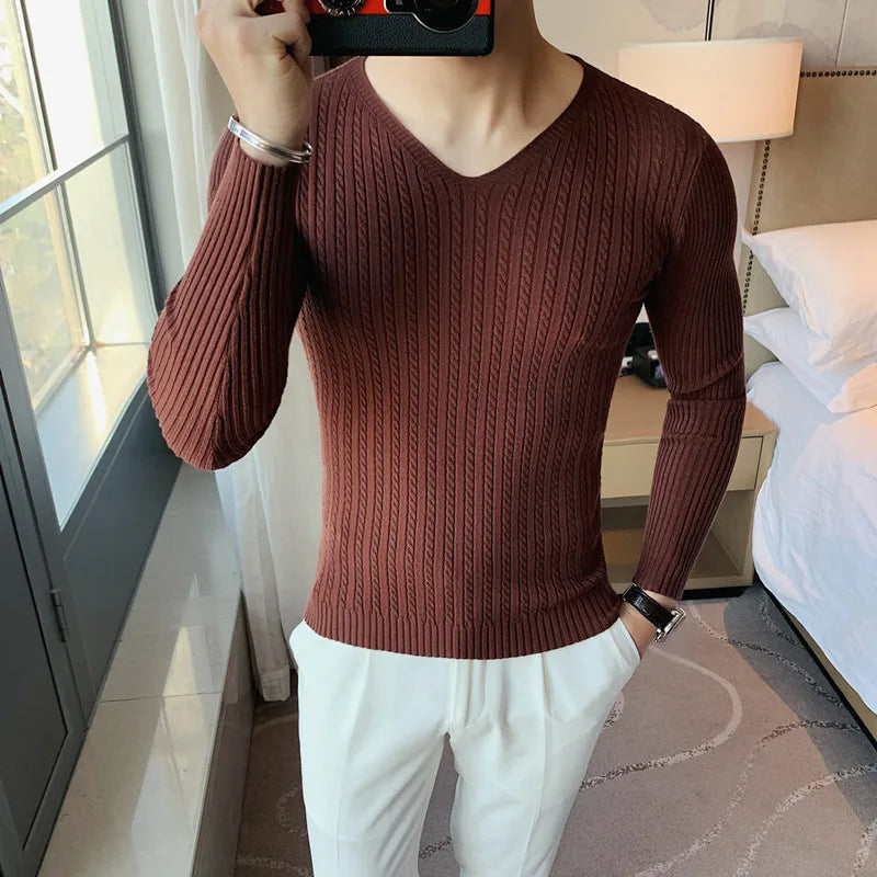 2023 Winter Sweaters Men Korean Fashion Streetwear V-Neck Sweaters Solid Color Men Cashmere Sweater Woolen Slim Trends S-3XL