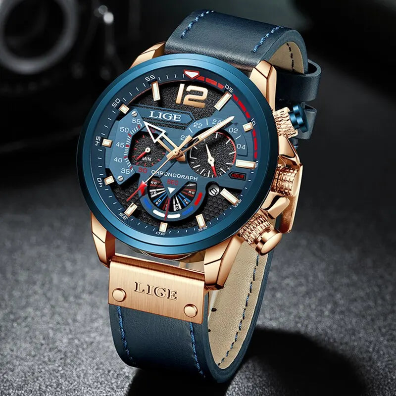 LIGE Fashion Watch Luxury Chronograph Sport Mens Quartz Wristwatches Leather Waterproof - Bonnie Lassio